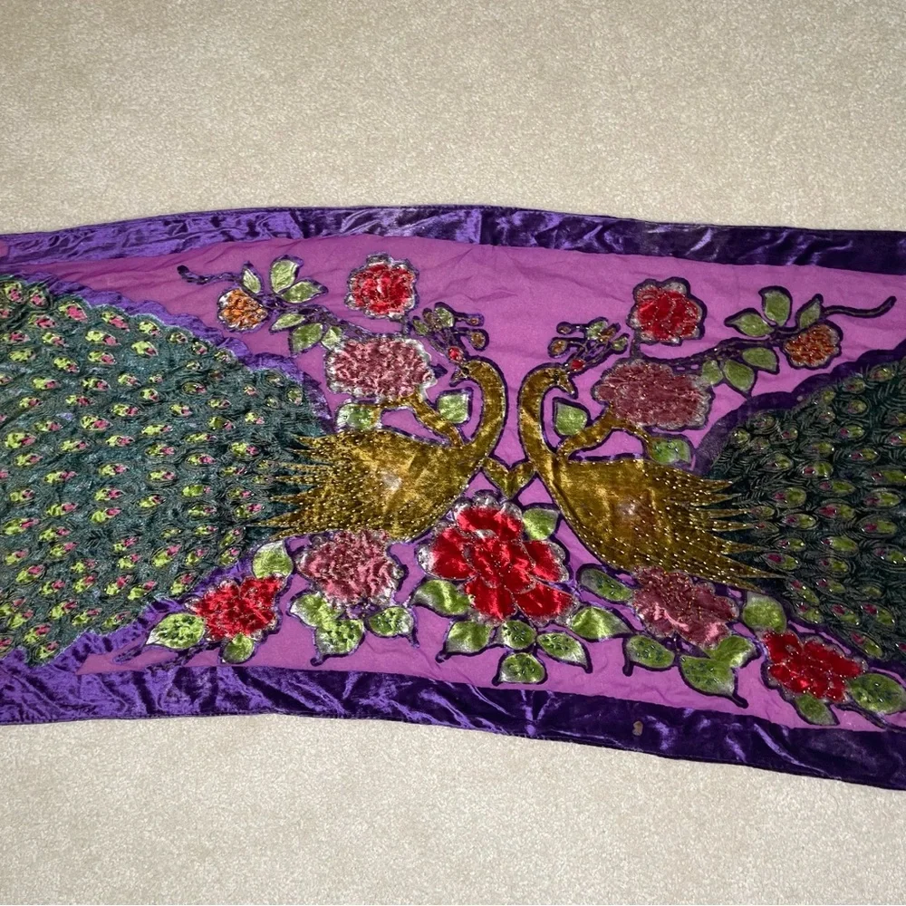 Peacock Velvet Silk Blend Burnout Wrap Scarf Shawl - beaded vintage purple - Picture 3 of 15